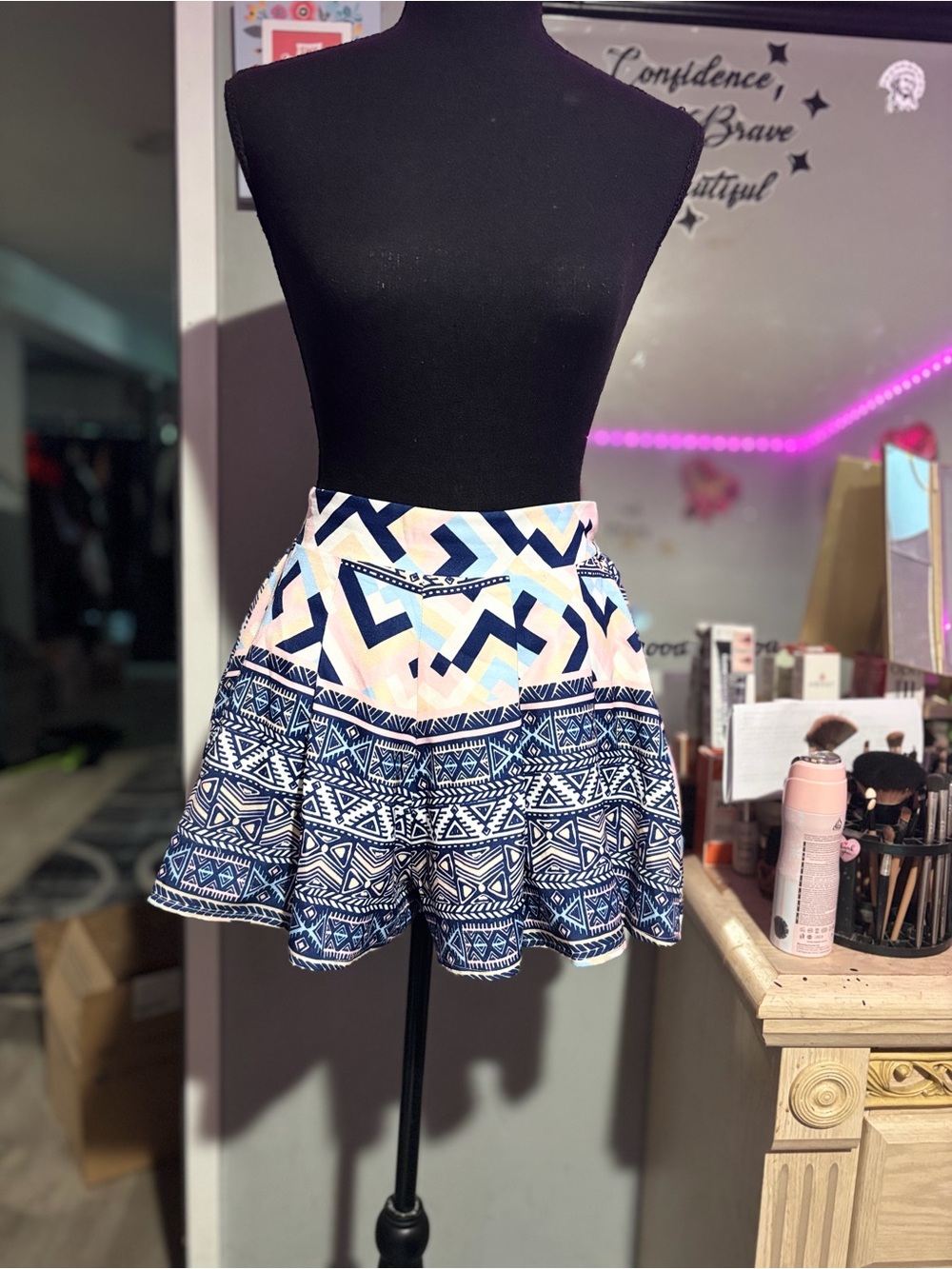 L'ATISTE Navy, Cream, Pink & Light Blue Patterned Skirt